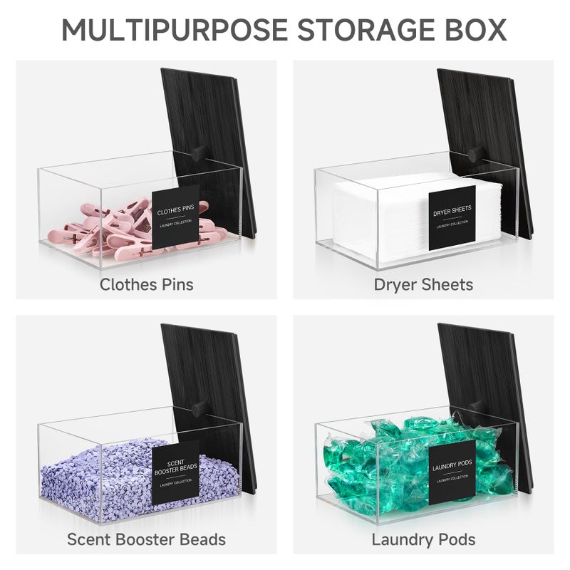 TIPGO Acrylic Dryer Sheet Holder with Lid, Clear Laundry Sheets Container with 27 Labels, Laundry Pods Storage for Laundry Room Organization - Black - Image 2